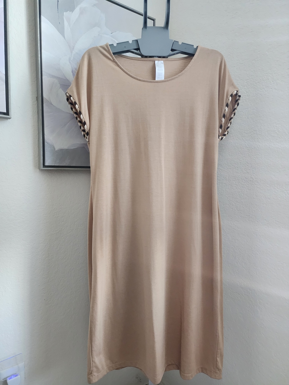 Neutral Tan Short Sleeve Shift Dress. Unbranded